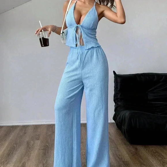Blue Sexy Women's Textured Fabric Pleated Halter Neck Loose Wide Leg Pants Set - Picture 1 of 6